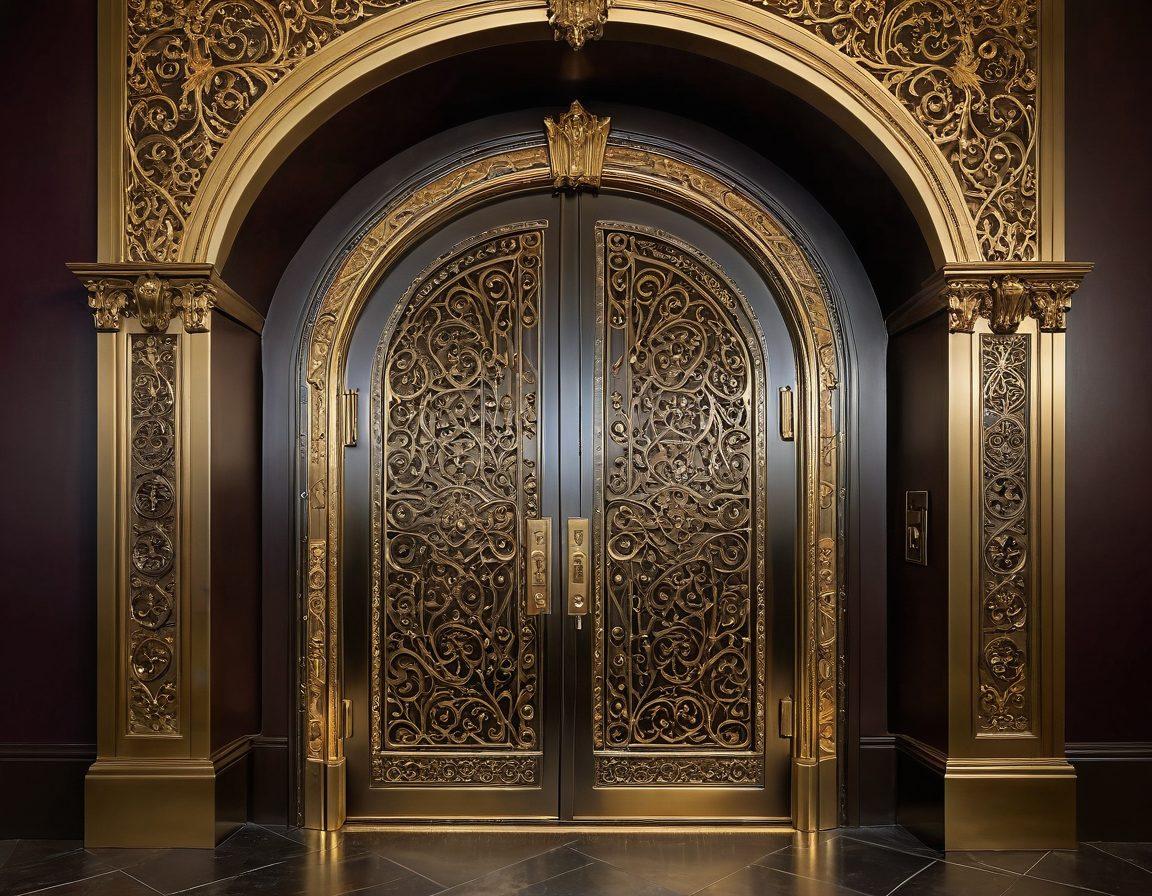 A grand, ornate vault door slightly ajar, revealing an array of vibrant, colorful adult video cases stacked neatly inside. Soft golden light spills out from the opening, casting enticing shadows and highlights. The vault features intricate designs, reminiscent of an ancient treasure chamber, with hints of modern technology. A subtle, playful atmosphere is created, inviting curiosity and exploration. This image should look ultra-realistic and have a luxurious feel.