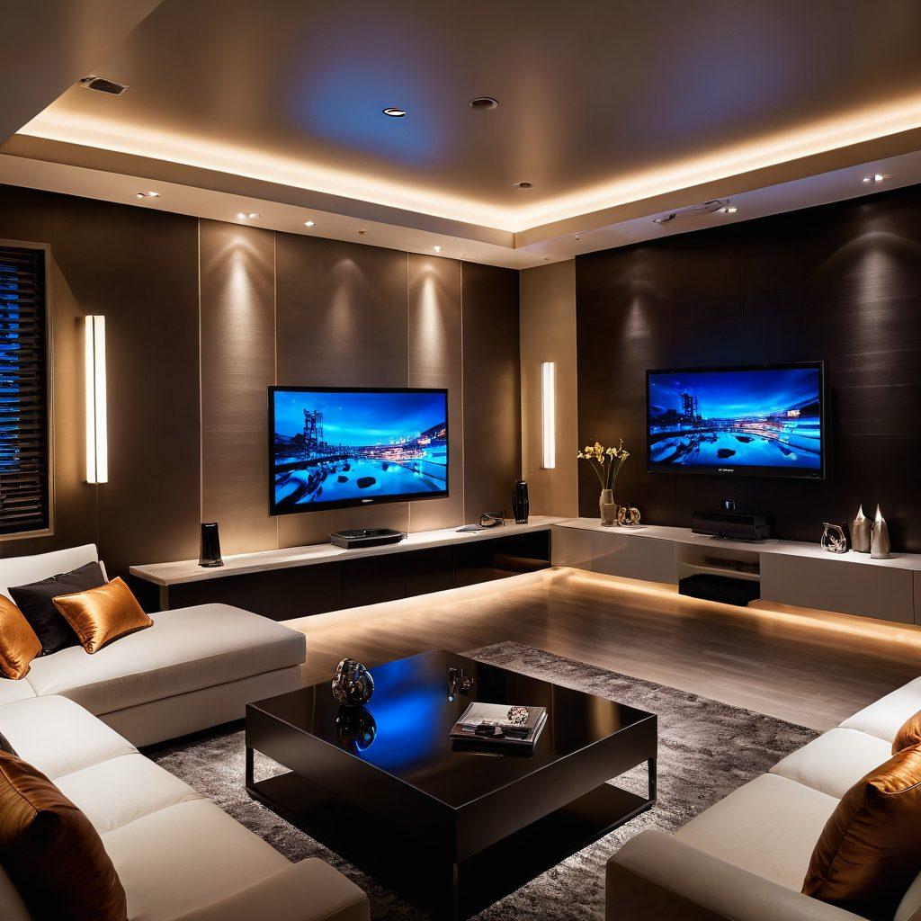 A luxurious, modern living room with a sleek entertainment system showcasing diverse adult entertainment streaming on a large screen, surrounded by plush furniture and intimate lighting. Include subtle hints of technology, like digital interfaces and streaming icons, to emphasize the high-tech experience. Soft-focused elements creating a sensual ambiance with warm tones. cinematic style. vibrant colors. high definition.