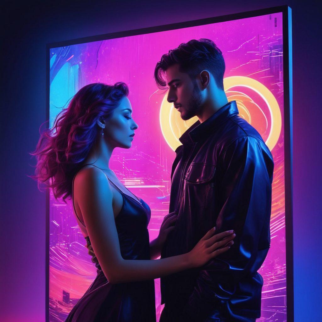 A visually striking digital collage featuring various abstract symbols of pleasure and sensuality, such as soft waves, colorful light bursts, and provocative silhouettes of couples. Incorporate elements of technology, like a glowing screen displaying enticing imagery, surrounded by neon lights. The background should be a gradient of deep blues and purples, evoking a sense of mystery and allure. The overall style should be a mix of cyberpunk and surrealism. vibrant colors. digital art.